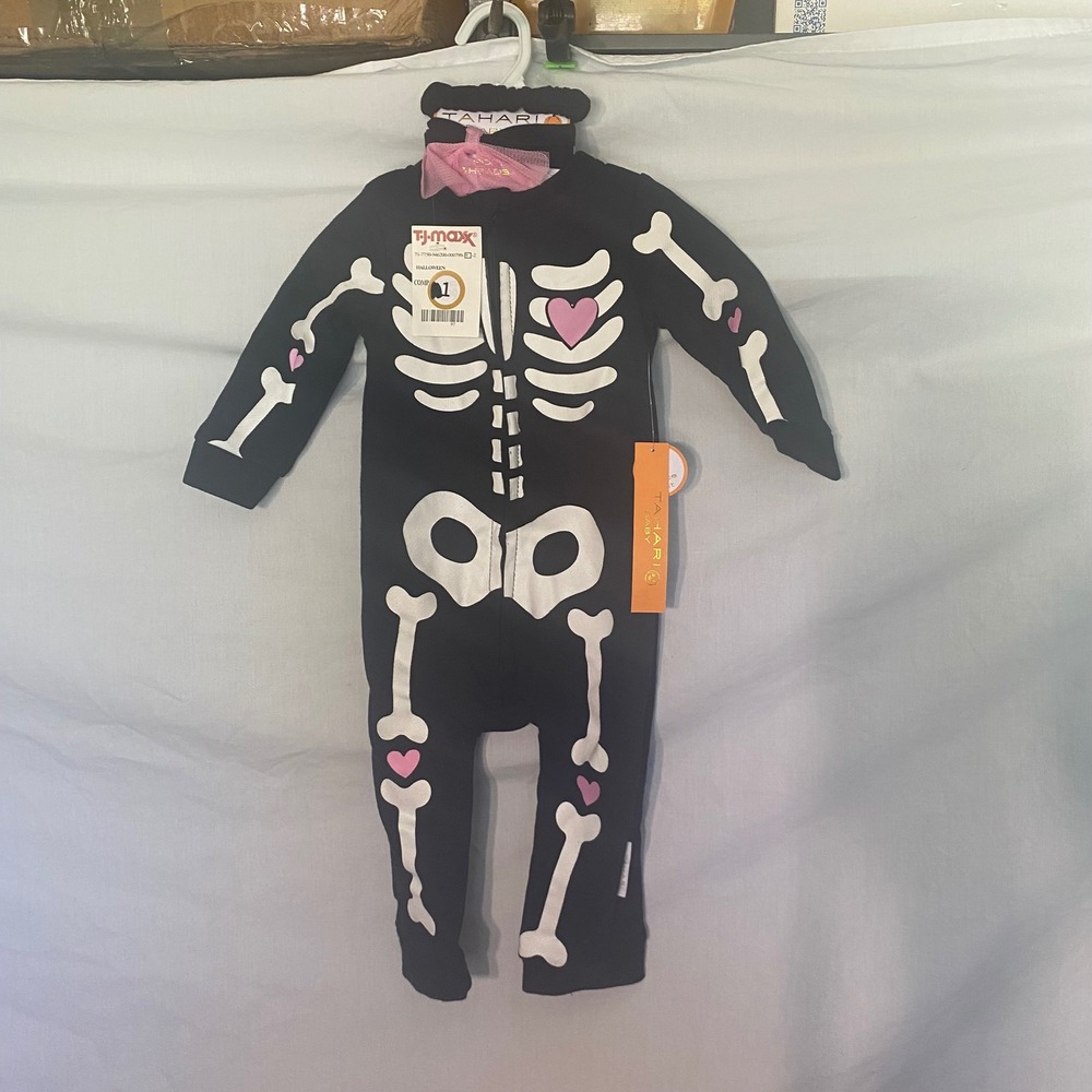 Tahari Baby Skeleton Hearts Halloween Romper Headband Set Black Pink 12M NWT